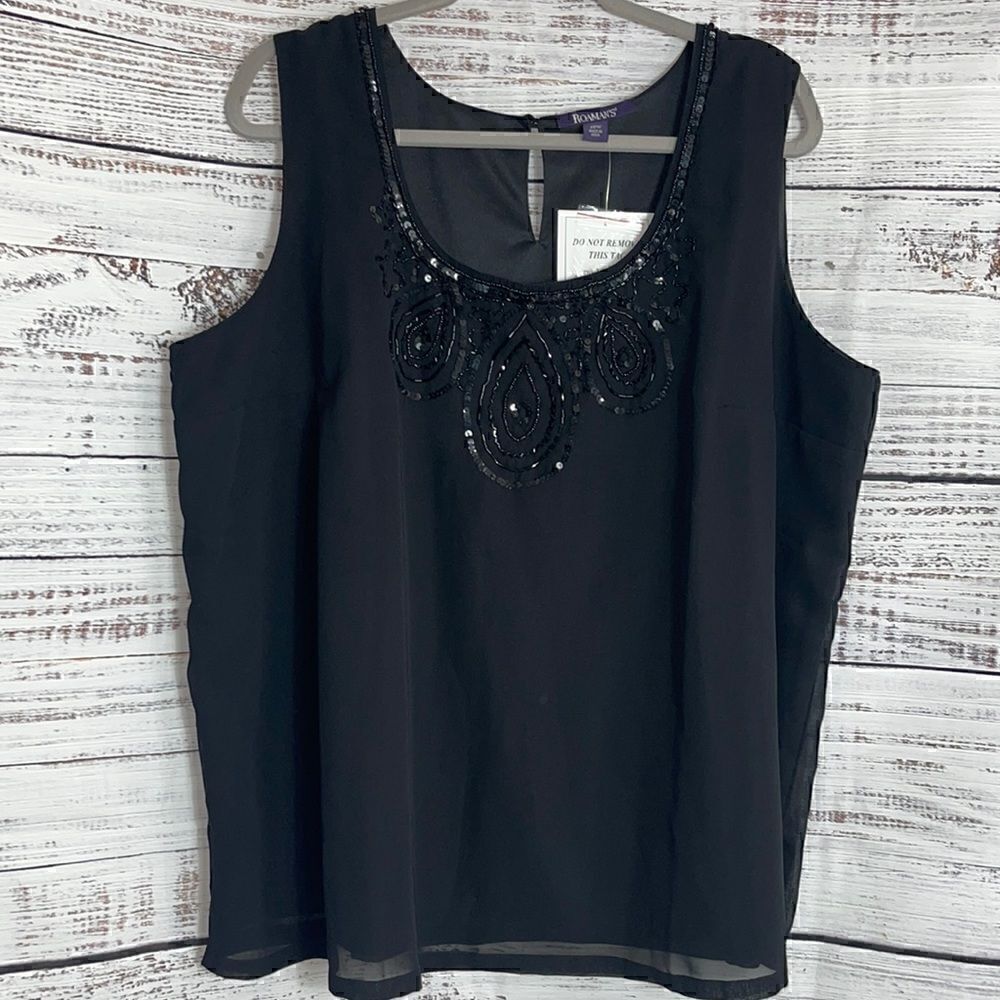Roaman’s Top womens plus size 22 chiffon sequin Beaded evening‎ Blouse Black New